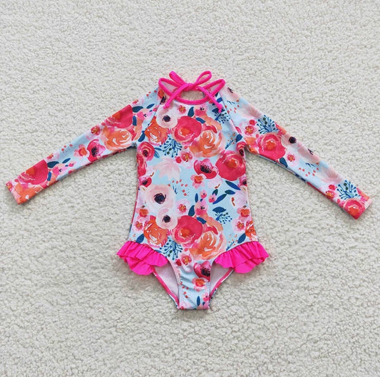 Pink floral long sleeve swimsuit